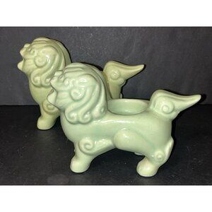 Pair MCM Oriental Foo Dog Tealight Candle Holders Khara Lions Vtg Green Asian